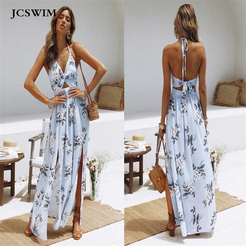 

JCSWIM Long Tunic Print Swimsuit Dress Backless Bikini Bathing Suit Cover Up Beachwear Sexy V Neck Chiffon Beach Dress Women