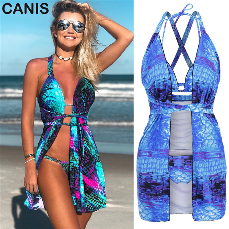 

2019 Brand New Women 3Pcs Bikini Set Floral Swimwear Push-up Padded Swimsuit Halter Beachwear+Cover Up Low Waist Bathing Suit, Blue