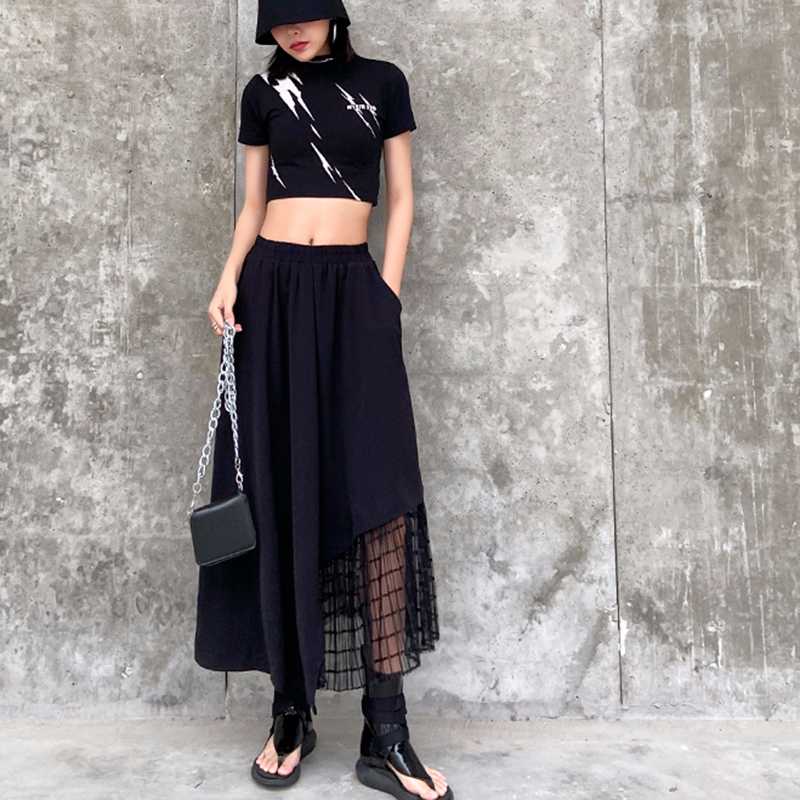 

CHICEVER Irregular Patchwork Mesh Womens Skirt High Waist Loose Oversize Casual Midi Korean Skirts Female 2020 Summer Fashion, Black