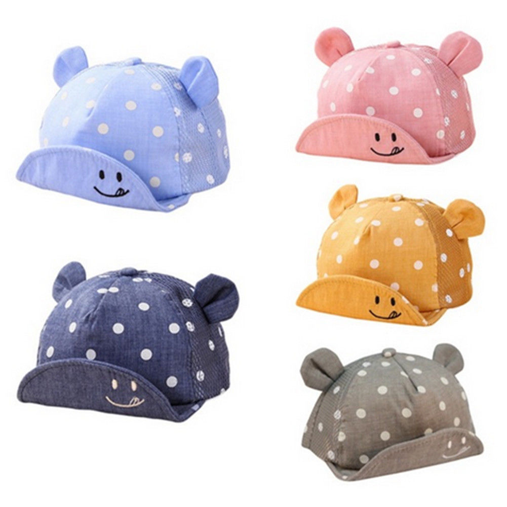 5 Colors Cute Kids Baseball Hats Cartoon Smile Cap Print Toddler Snapback Dot Ear Sun Caps Baby Boys Sunscreen Brand New Hat