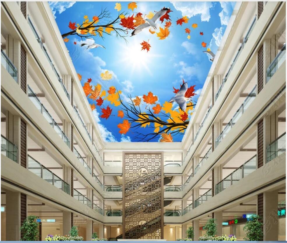 

3d ceiling mural wallpaper custom photo HD fantasy autumn leaves flowers clouds flying pigeons zenith mural stretch wallpaper for walls 3 d, Non-woven wallpaper