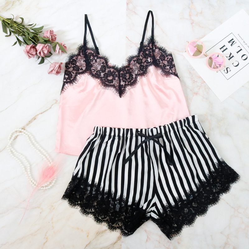 

2020 Cute Women Pajamas Set V-Neck Lingerie Lace Satin Stitching Pajamas Bowknot Shorts Set Sexy Lingerie for Women, Pink