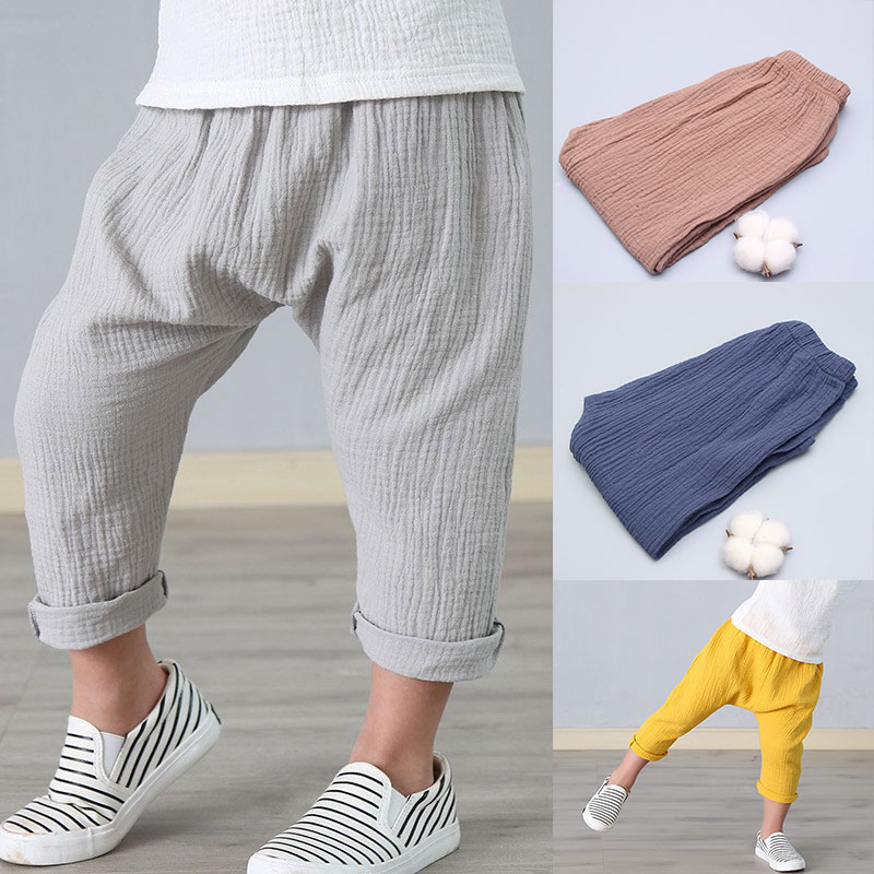 

New 2-7y 2018 Summer Solid Color Linen Pleated Children Ankle-length Pants for Baby Boys Pants Harem Pants for Kids Child, Gray