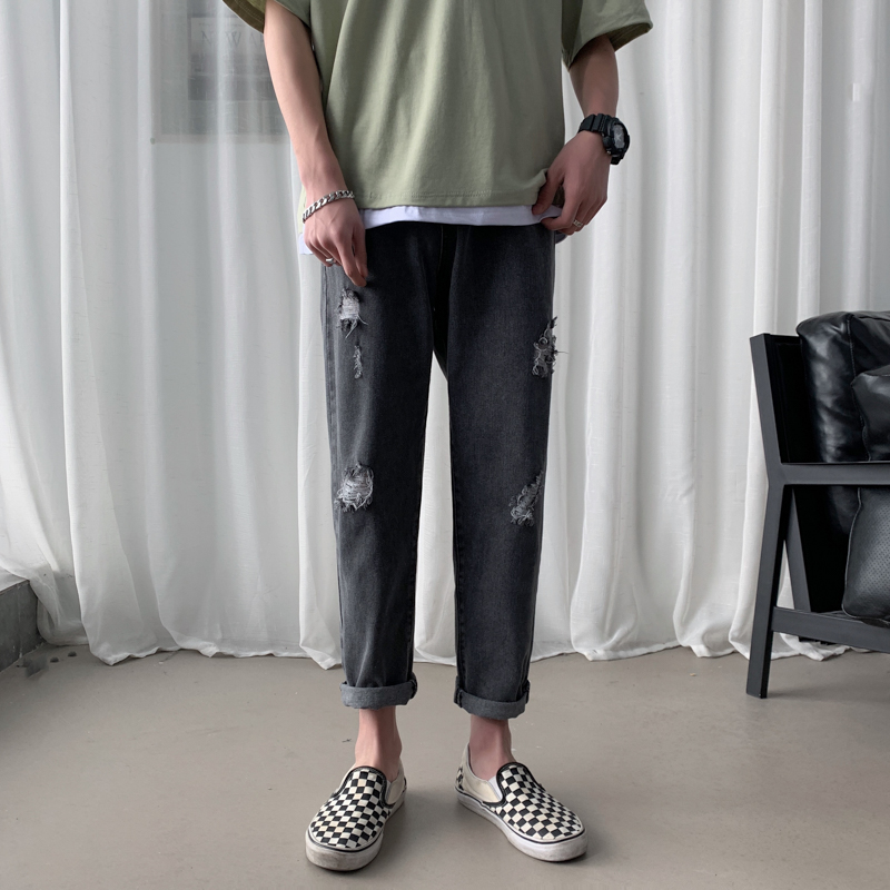 

Summer Straight Jeans Men' Fashion Washed Retro Casual Hole Jeans Men Streetwear Wild Loose Hip Hop Hole Denim Pants Mens -2XL, Black