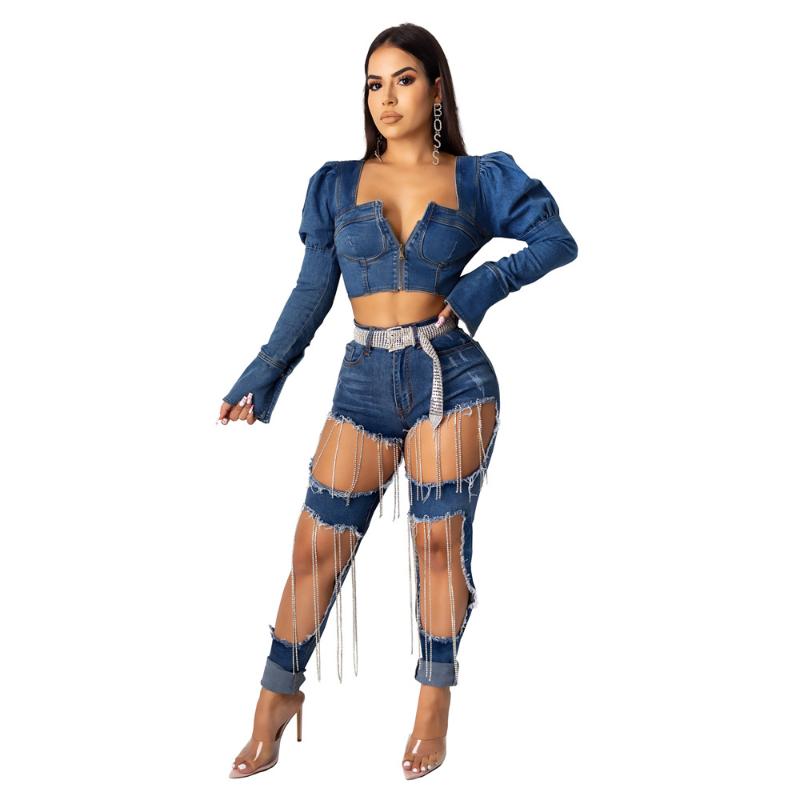 

2020 New Winter Women Fashion Solid Color Denim Coat Square Collar Full Puff Sleeve Short Coat Sexy Backless Jackets GL9503, Sky blue