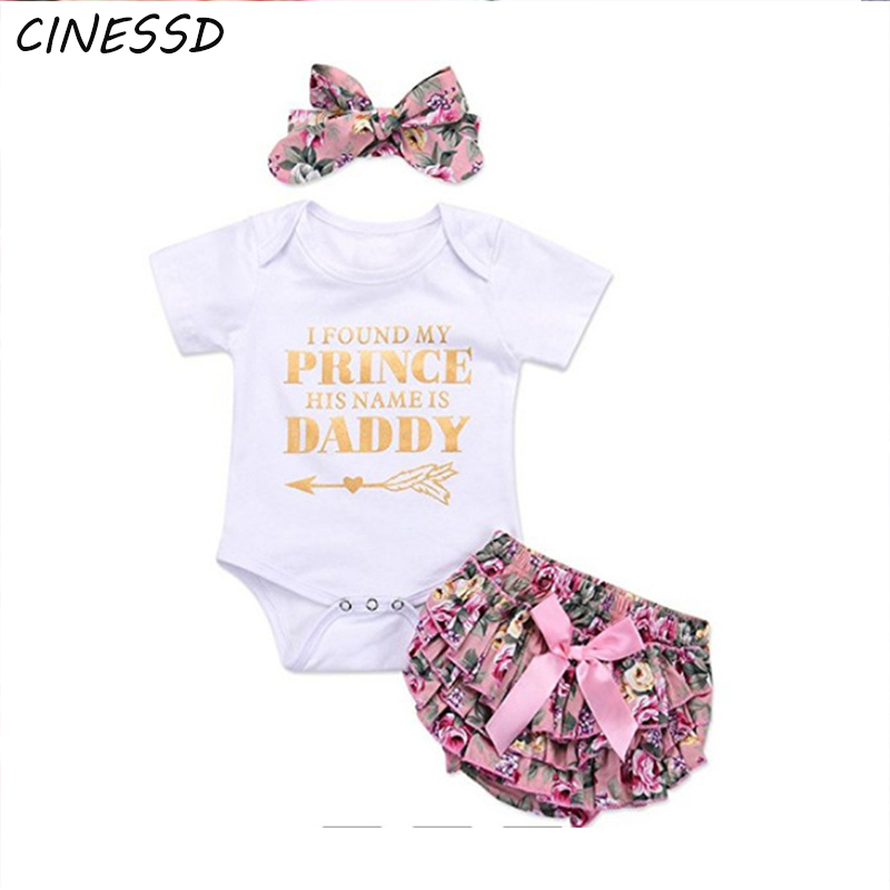 

Summer Baby Girls Clothes Set Cute Letter Printed Bodysuit Tops+Floral Shorts+Hairbands 3Pcs Toddler Kids Clothing Suit 0-24M