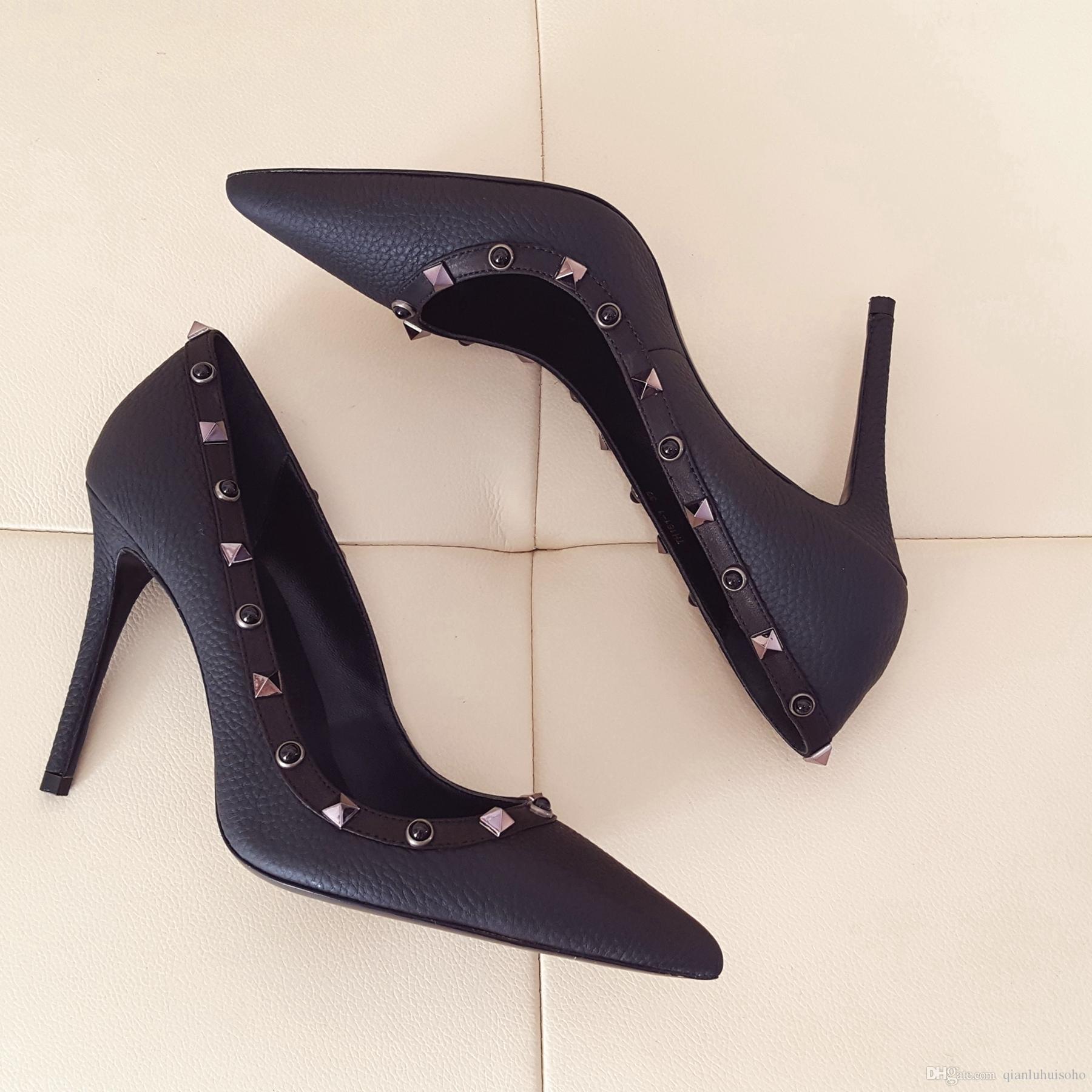 

Top Quality Women Sexy Genuine leather High Heels pointed Silver Nude Wedding Shoes Thin Heels Office Shoes Lady 10cm, Black