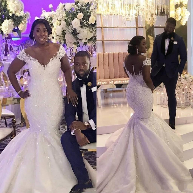 

Plus Size Mermaid Wedding Dresses Off Shoulder Appliques Beads Lace Sheath Wedding Dress Sweep Train Bridal Gown, Ivory