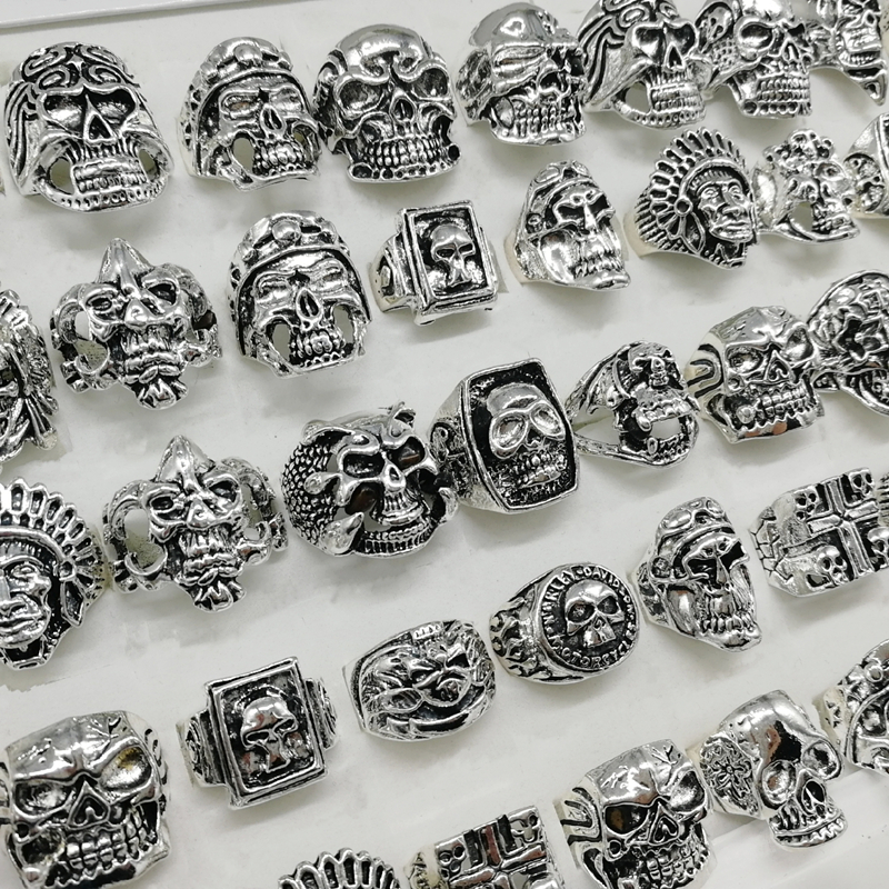 

Newest punk Style 20pcs/lot silver skull band rings mix Skeleton big Sizes Men's women metal Jewelry gifts