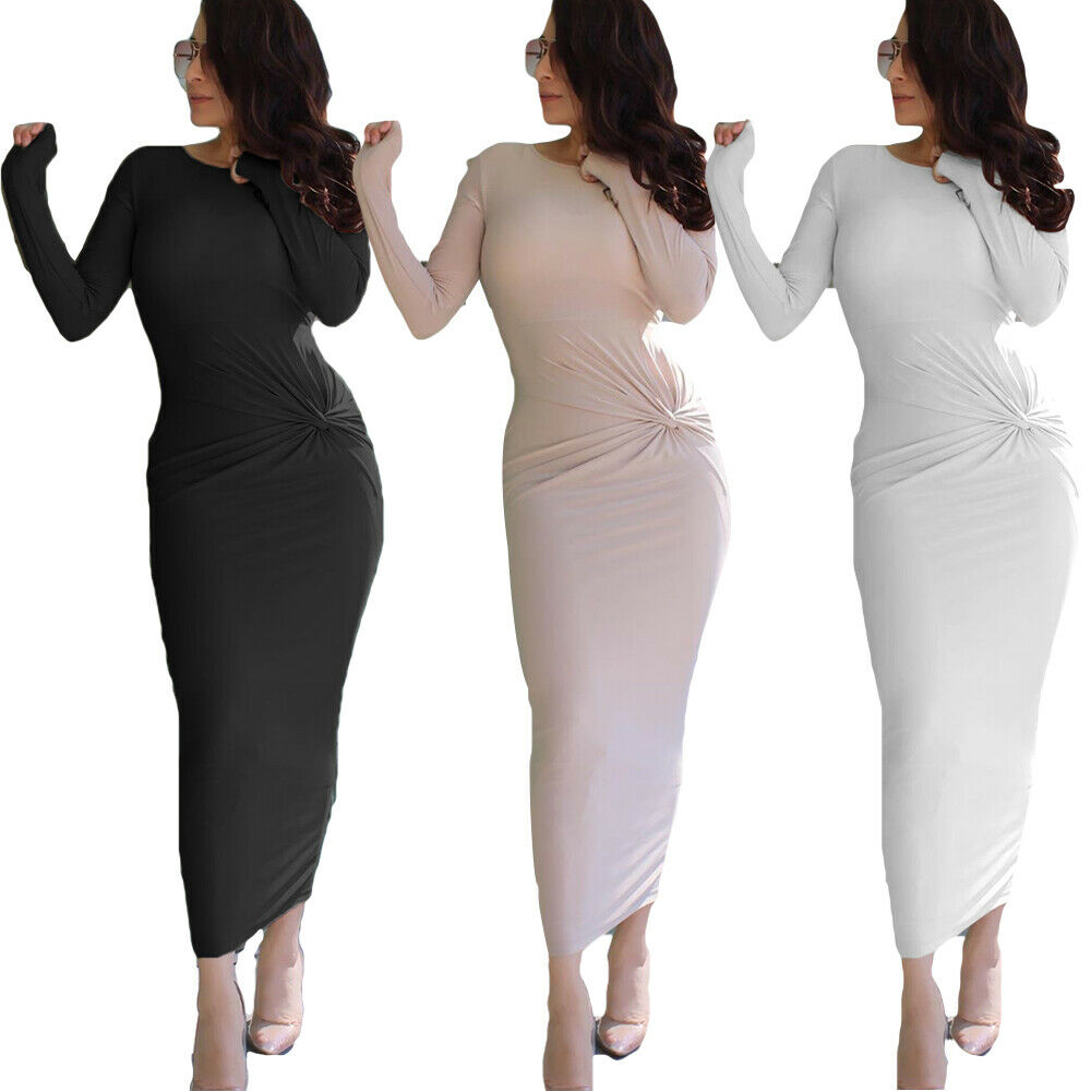 

Fashion Women Muslim Long Sleeve Bodycon Maxi Dress Stretch Pencil Kaftan Soild Color Islamic Plain Clothing Turkey Dubai Autumn