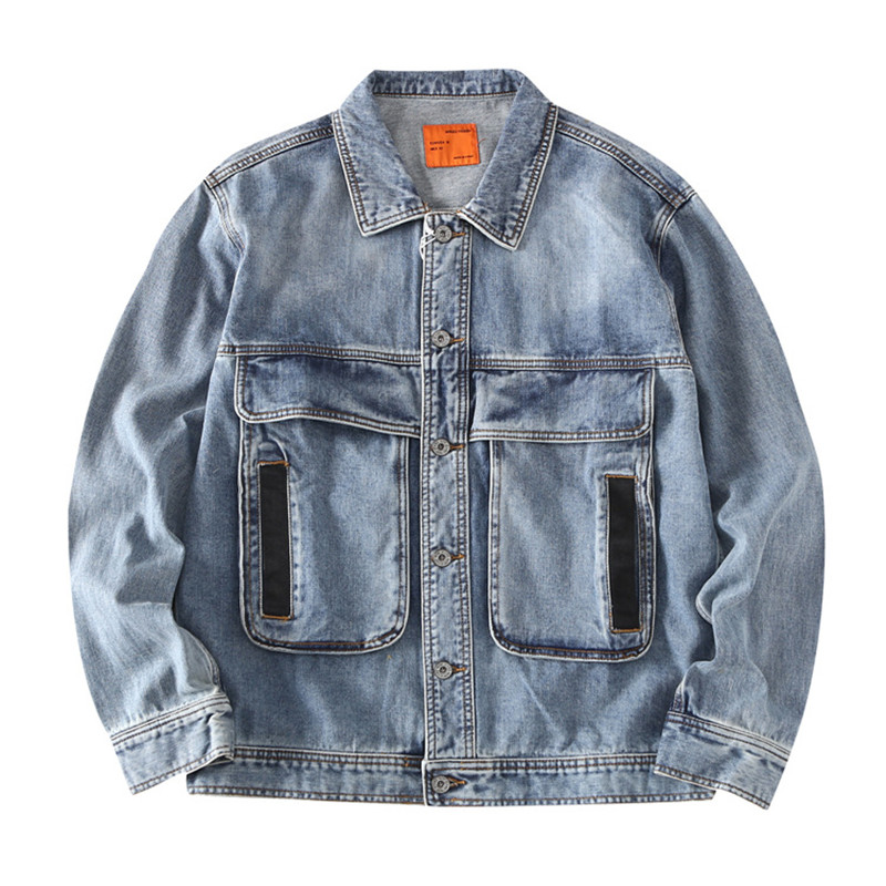 

KIMSERE Mens Vintage Denim Trucker Jackets With Pockets Fashion Retro Jean Jacket Outerwear For Man Clothing Washed Blue