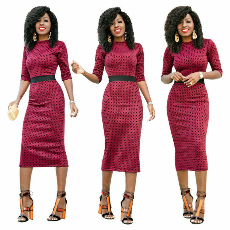 

Elegant Women' Business Office Dress Formal Bodycon Sheath Pencil Dresses O Neck Half Sleeve Geometric Female Clothing, Black