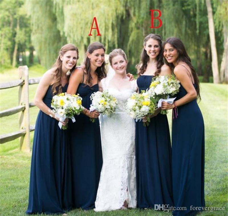

2019 High Quality Navy Blue Chiffon Bridesmaid Dress Long Garden Country Formal Wedding Party Guest Maid of Honor Gown Plus Size Custom Mad