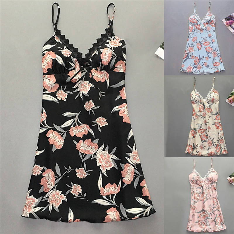 

Sexy Women lingerie Sleepwear Dress Women' Satin Flowers Printint Silk Lingerie Bow Lace Sleepwear Nightdress Pijamas 661SQ10, Black