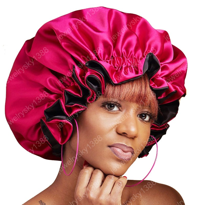 

12pcs/lot Reversible Satin Bonnet double layer adjustable size Sleep Night Cap Head Cover Bonnet Hat beanies wholesale, Mixed color