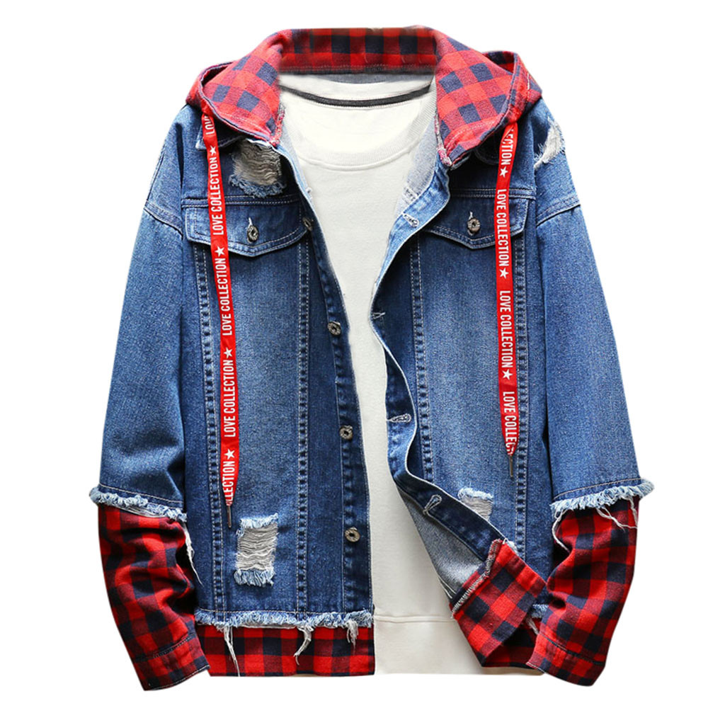 men's fashion handsome style patchwork jackets mens winter plaid vintage wash distressed denim jeckets top outwear#g40