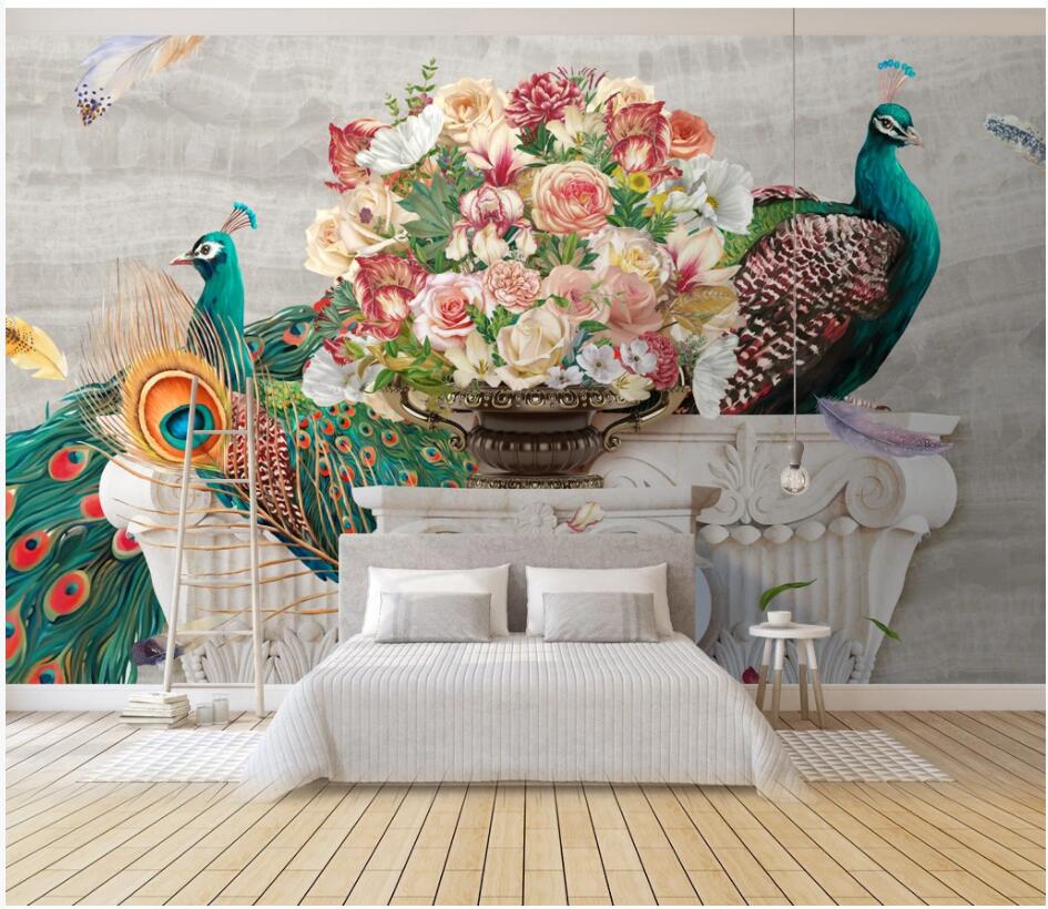 

3d wall murals wallpaper custom photo European style marble pattern palace flower bonsai peacock living room wallpaper for walls 3 d, Non woven wallpaper