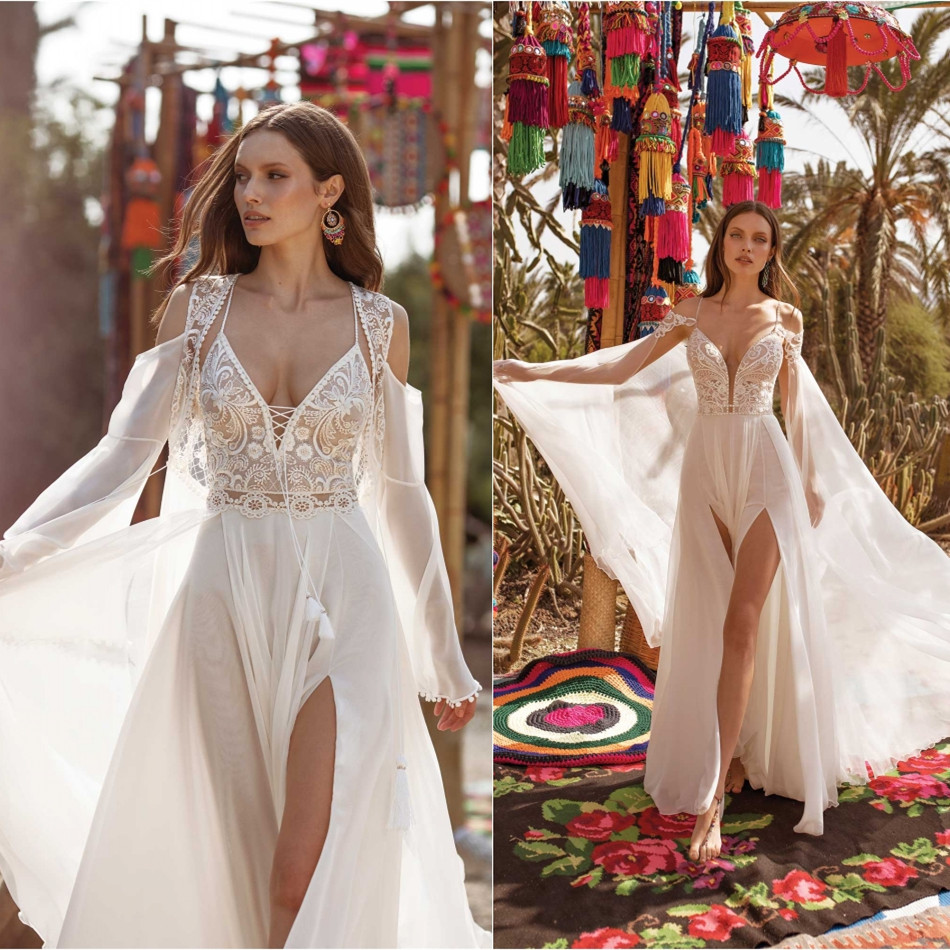 

2020 A Line Wedding Dresses with Wrap Spaghetti Straps High Side Split Chiffon Bridal Gowns Sexy Backless Sweep Train Wedding Dress, Ivory