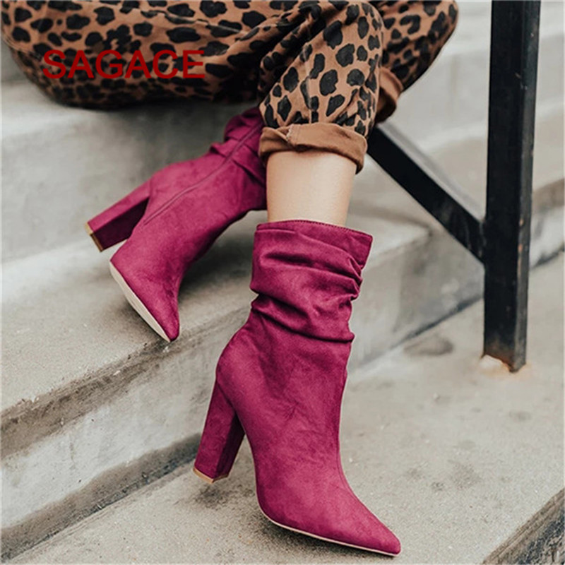 

2019 Women Pointed Toe Ankle Boots Ladies Super High Square Heel Rome Flock Boots Zip Solid Fashion Winter Shoes, Black