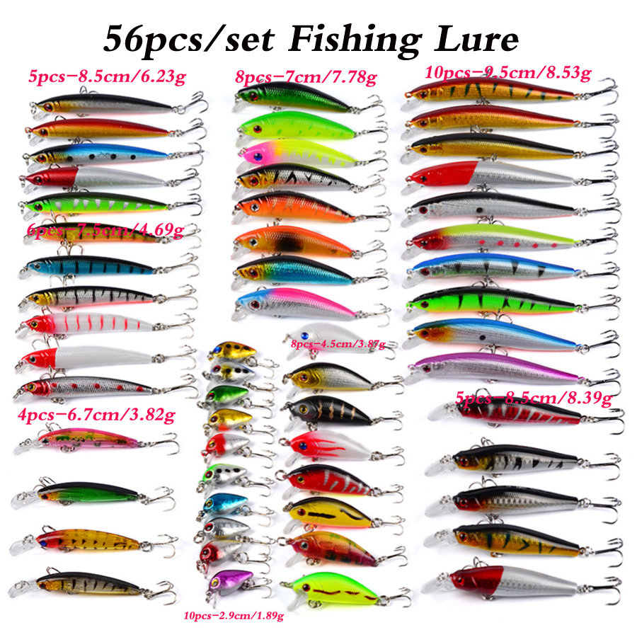 

56pcs/lot Fishing Lures Set Mixed Minnow lot lure Bait Crankbait Tackle Bass For Saltwater Freshwater Trout Bass Salmon Fishing