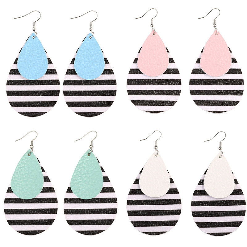 

New Design Women Multi-layer PU LeatherTeardrop black and white stripe Dangle Earring Jewelry Gift Free Shipping