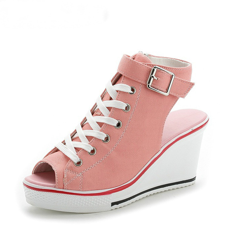 

Summer Wedges Canvas Shoes Woman Platform Sandals Ladies Open Toe Breathable Casual Shoes Women Platform Sandals, Black