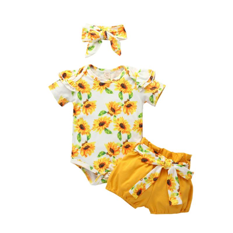

3Pcs Newborn Toddler Baby Girls Clothes Set 2020 Summer Sunflower Short Sleeve Bodysuit Top Shorts Outfit Sunsuit 0-24M, Brown