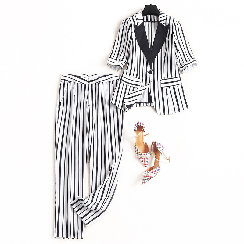 

Women plus size two piece set new 2020 spring summer black white striped blazer suit one button blazers pant suit yellow