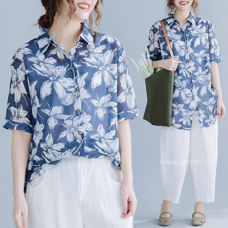 

BIG SIZE Summer Women Fashion Elegant Flower Print Tops Female Ladies Plus Large Short Sleeve Loose Chiffon Blouse Shirt Blusas, Blue