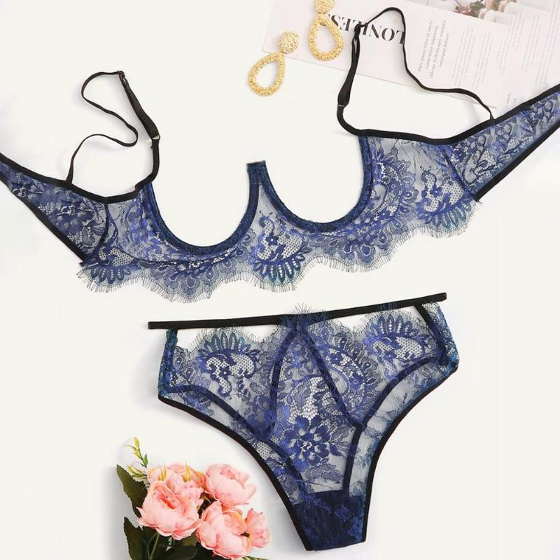 

2020 Sexy Lace Lingerie Women Sexy Transparent Bra Set with Lace Bra Set 3pcs/set Bra+Briefs Underwear W3, Blue
