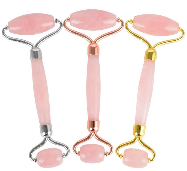 

Natural Tumbled Chakra Rose Quartz Carved Reiki Crystal Healing Gua Sha Beauty Roller Facial Massor Stick with Alloy Gold-Plated