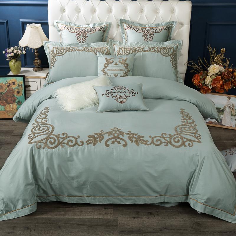 

3 Colors Gold Embroidered Wedding Bedding set J/6Pcs King Queen size Royal Bed sheet set Duvet cover Pillow shams, Color 1