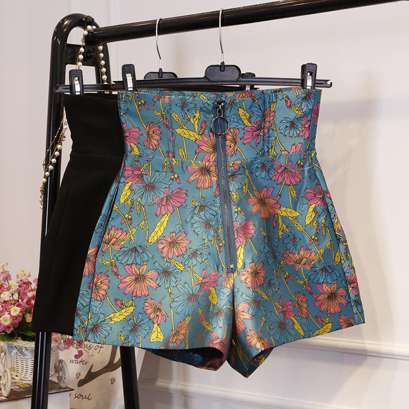 

Zipper High Waist Wide Legs Shorts Women Vintage Flower Printing Women Shorts Fashion Short Femme Black Sexy Summer C5600