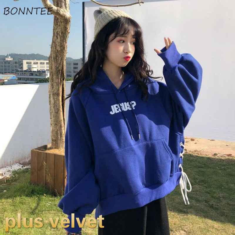 

Hoodies Women Plus Velvet Printed Letter Leisure Trendy Side-slit Bandage New Fashion Korean Style Thickening Warm Winter Womens, Blue