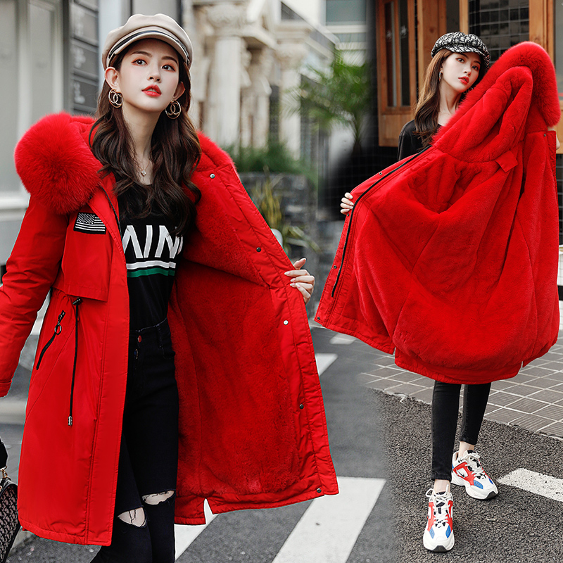 

Wholesale fashion women's Parker new long hooded fur collar winter coat cotton jacket, Creamy-white