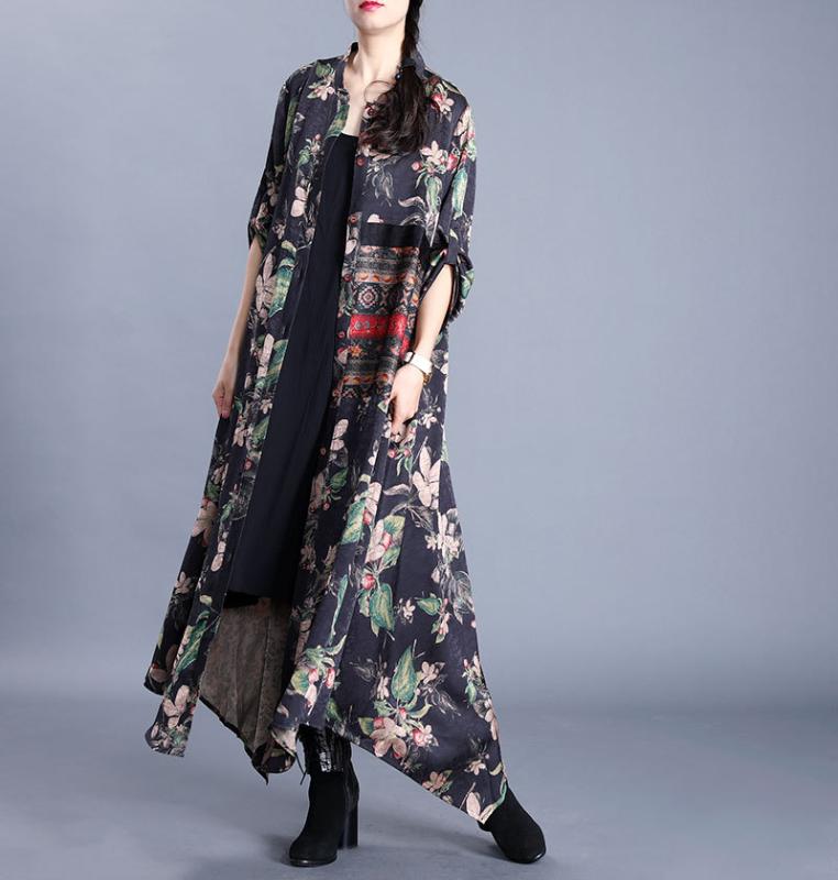 

Women Loose Yun Brocade Irregular Length Print Trench Coat Outerwear Ladies Vintage Long coat Female Print Topcoat 2020 Spring, Black