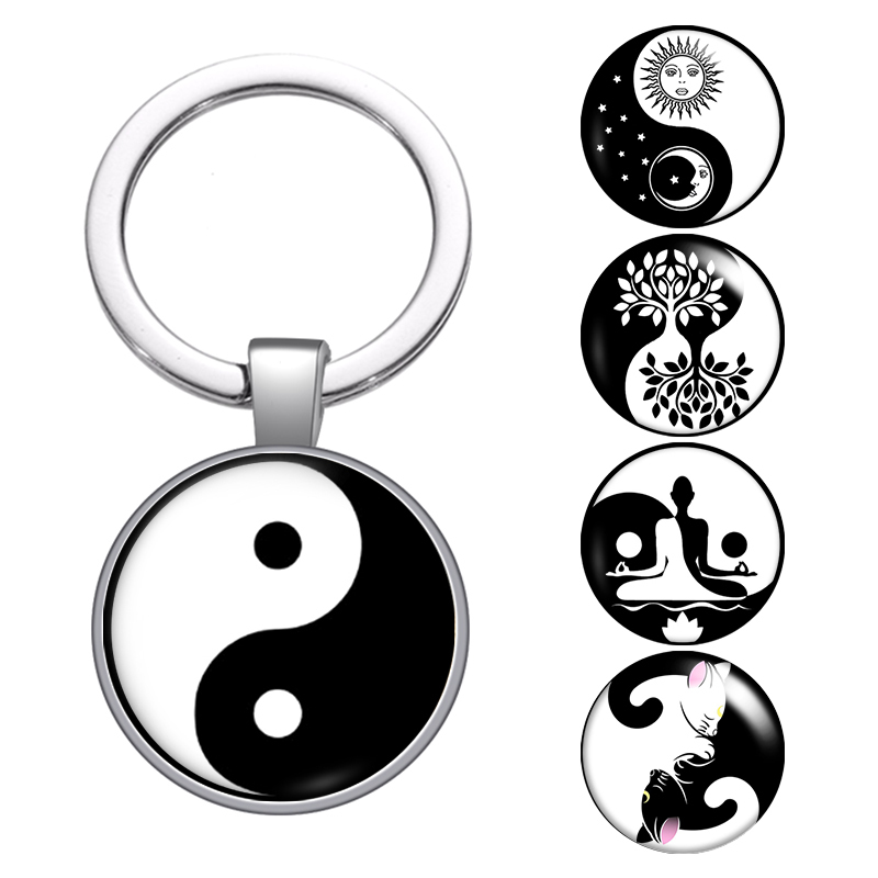

Taiji Bagua Pattern Black Glass Cabochon Keychain Bag Car Key Chain Ring Holder Charms Silver Keychains For Men Women Gifts