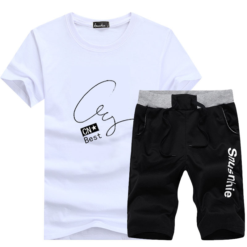

2019 summer mens casual suit short sleeve round neck Tshirt Korean slim student short sleeve top pants trendy man, White;black