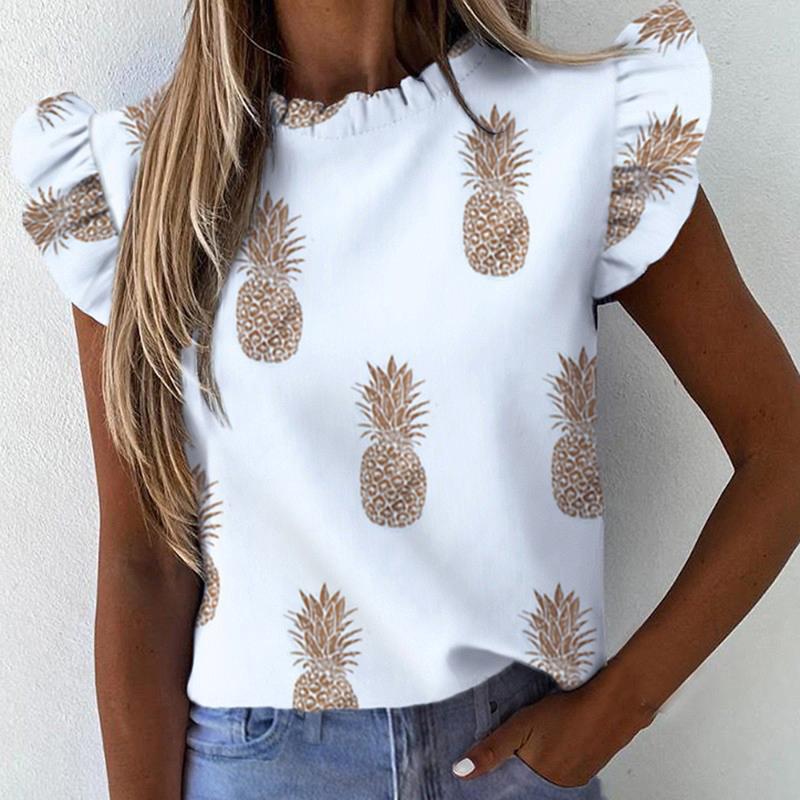

2020 New Women Ruffle Shirts Casual Printed Tops Tee Summer Female Blouse Short Sleeve For Women Clothing Fashion Soft Tops