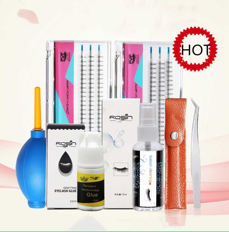 

10Pcs Eyelashes Extension Kit for Starter Personal Use Eyelashes Grafting Set with 2 Trays Cluster Eyelashes,Glue,Remover,Bag