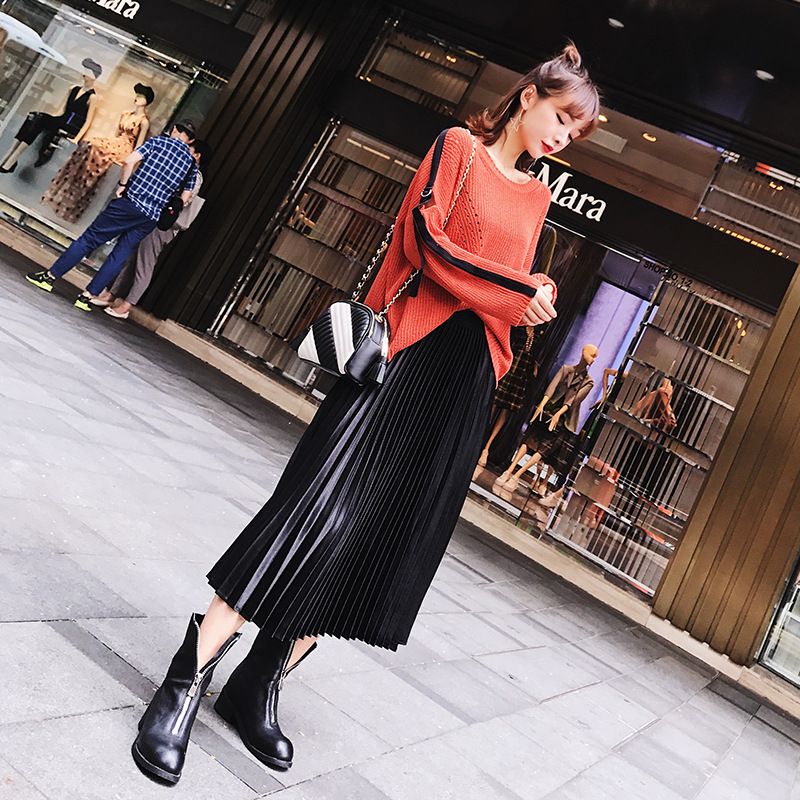 

Ankle-Length Women Skirt Pleated Ladies Skirts Solid Casual Skirt, Beige