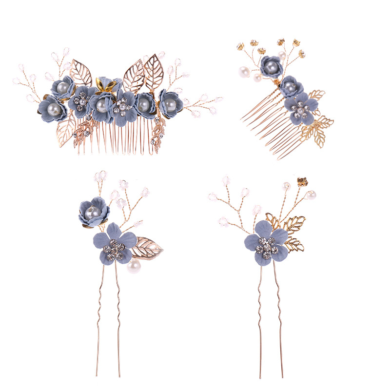 

3-color blue flower combed hairpin set wholesale of children's performance headwear