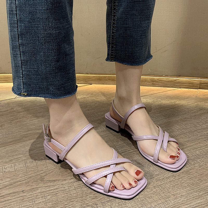 

4 Cm Clip Toe Sandals Women Candy Colors Open Toe Sandals Summer Concise Pu Narrow Band Ankle Buckle Shoes Women Sandalias, Purple