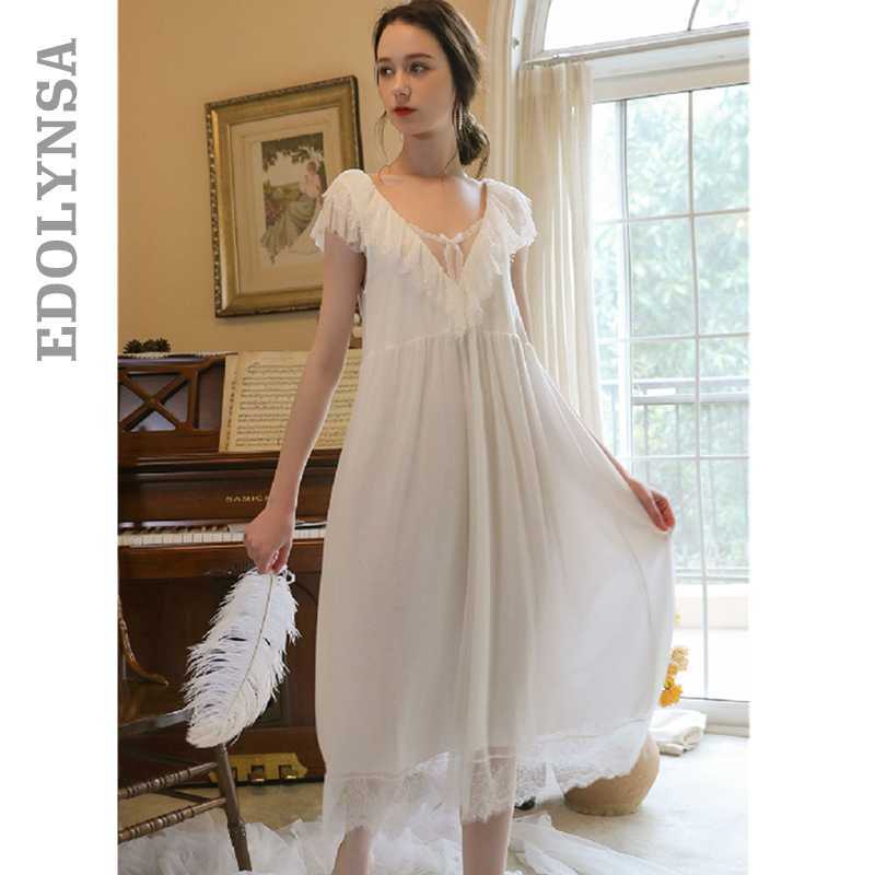 

2020 Summer Sleepwear Vintage White Cotton Nightgown Plus Size Women Home Wear Night Dress Ladies Nightwear Lingerie Nighty T701
