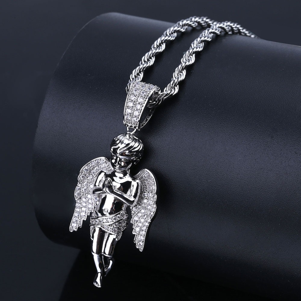 

Iced Out CZ Stone Angel Pendant Necklaces Hip Hop Men Women Necklace Gold Color Plated as Gifts, Silver