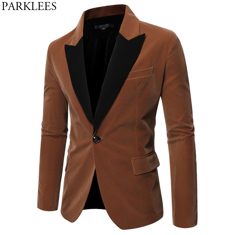 

Classic Coffee Velvet Blazer Jacket Men 2020 Fashion Brand New One Button Slim Fit Velour Blazers Mens Casual Suit Jacket Male, Black