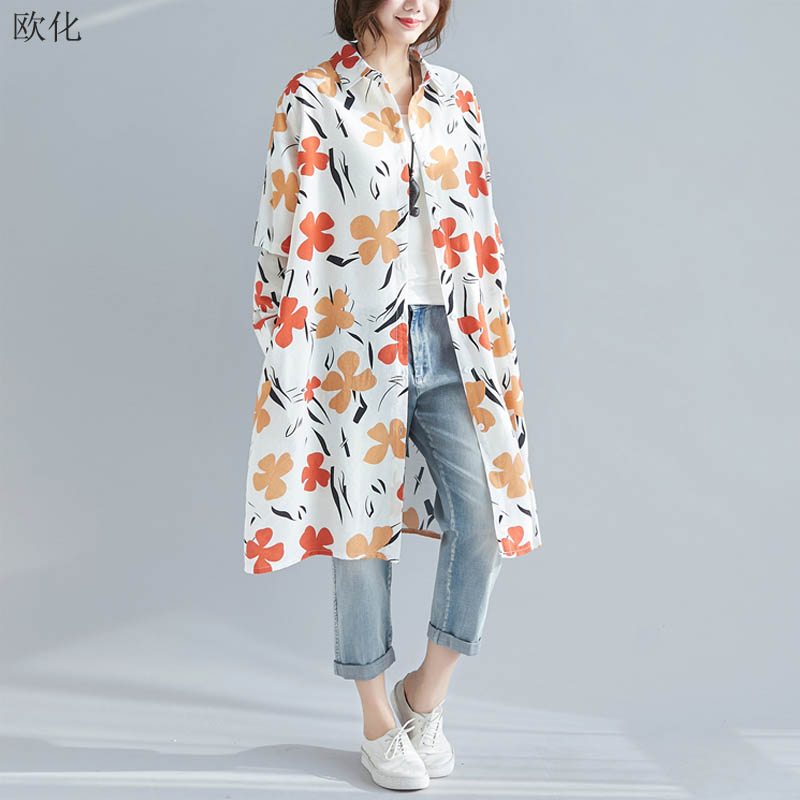 

2020 New Spring Blouse Women Plus Size Womens Tops And Blouses Long Sleeve Summer Beach Style Print Floral Button Cardigan Shirt, White