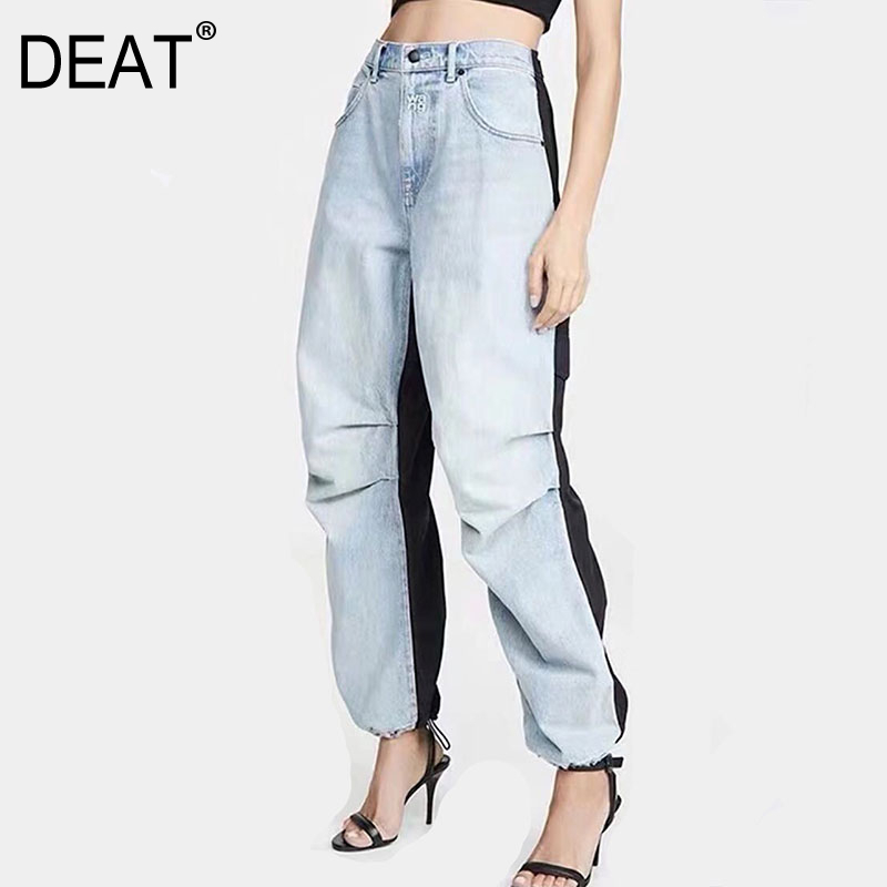 

DEAT 2020 new spring fashion high waist zippers washted denim contrast colors full length pants female jeans WK71205L, As pictrue