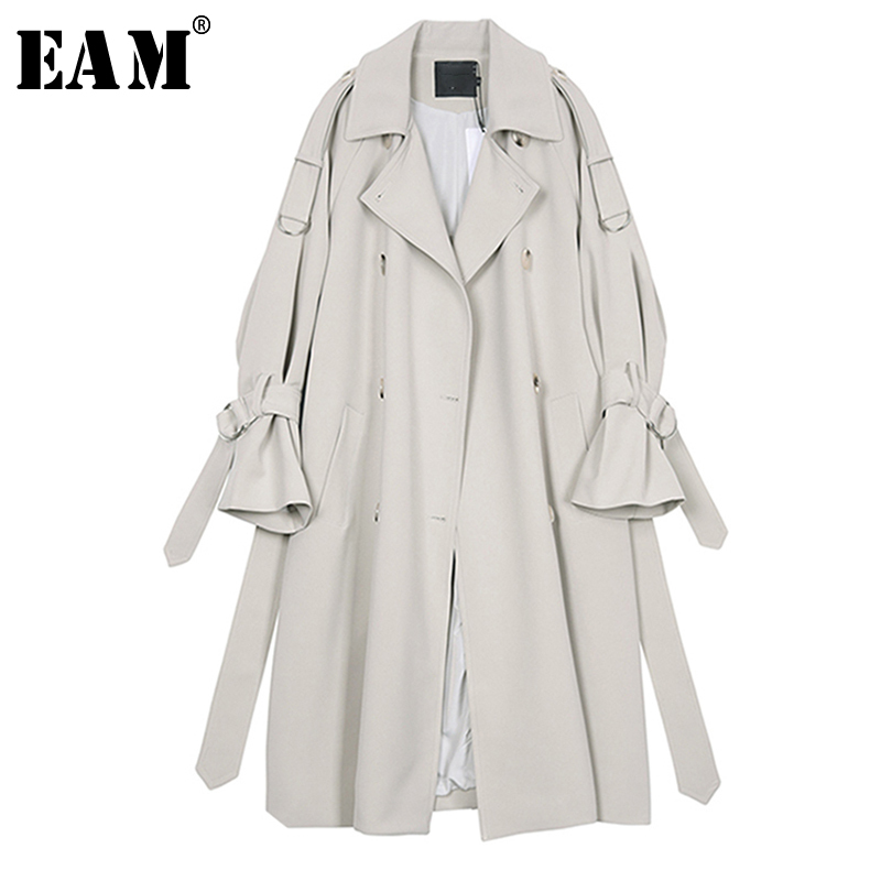 

[EAM] 2020 New Spring Autumn Lapel Long Sleeve Gray Waist Bandage Big Size Long Windbreaker Women Trench Fashion Tide JR677