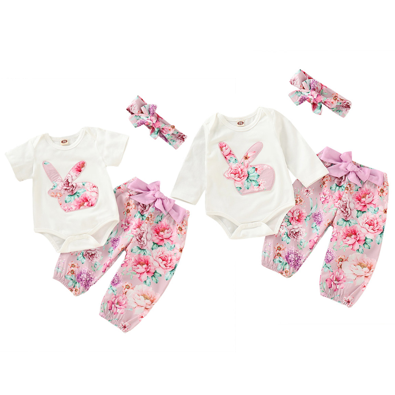 

Girls Easter Cartoon Suits Baby Bunny Short Sleeve Rompers Infant Printed Tops Kids Casual Clothes Girls Floral Pants With Bow Headband 06, Mixed color(remark or randomly)